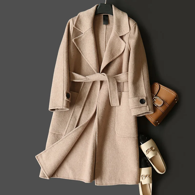 

Boollili Autumn Winter New Women's Casual Wool Blend Trench Coat Female Overcoat Double Side Long Parka With Belt