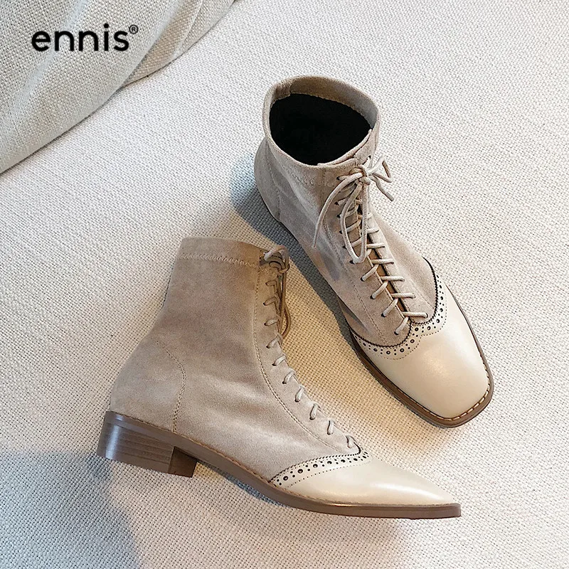 ENNIS/осенне-зимние ботинки; броги; женские ботинки из натуральной кожи; растягивающиеся ботильоны из искусственной замши на Плоском Каблуке; обувь на шнуровке; Новинка; A9347