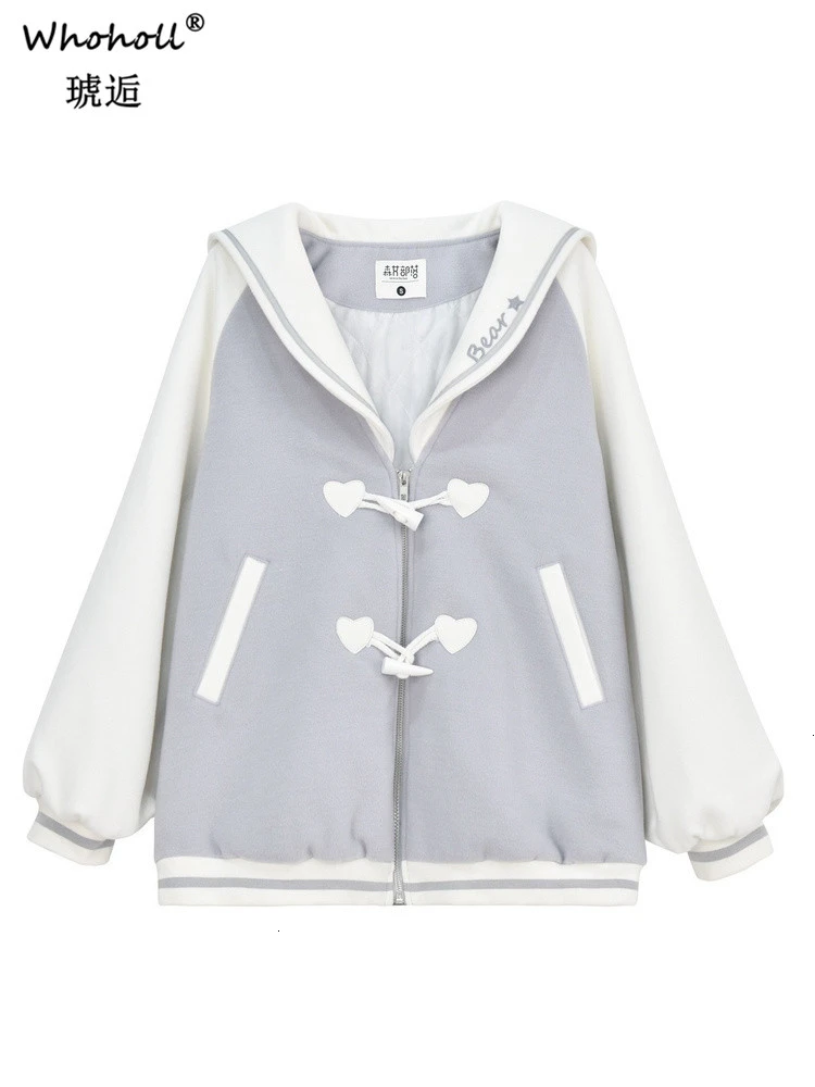 

WHOHOLL Women Girl Hoodies Wool Loose Coat Student Horn Button Casual Baseball Uniform 2020 Winter Print Sweatshirt For Girls