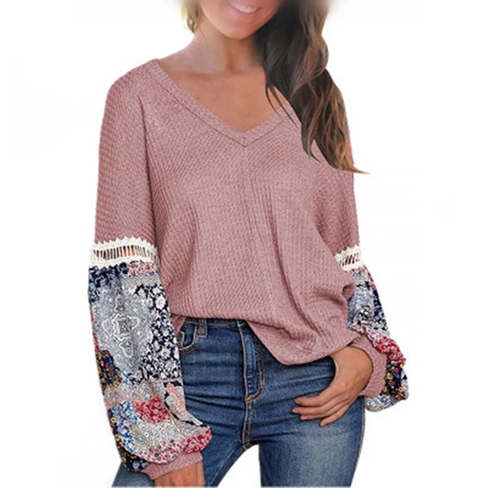LOOZYKIT Autumn Winter Shirts Patchwork Women Long Sleeve Bohemian Knit Yoga Shirts Casual O Neck High Low Ladies Loose Tops