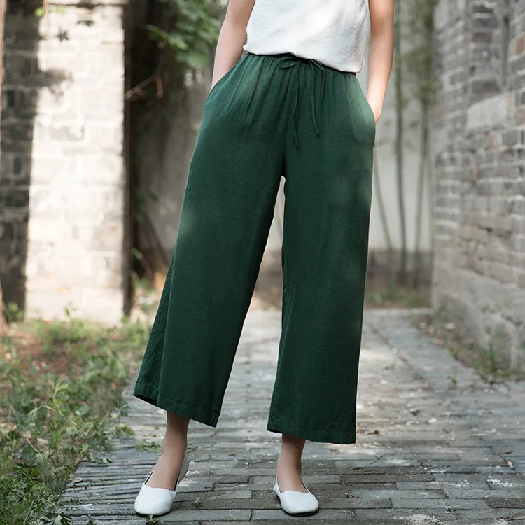 Johnature 2020 Autumn Women New Retro Elastic Waist Cotton Linen Lace Up Wide Leg Pants Loose Casual All-match Ankle-length Pant