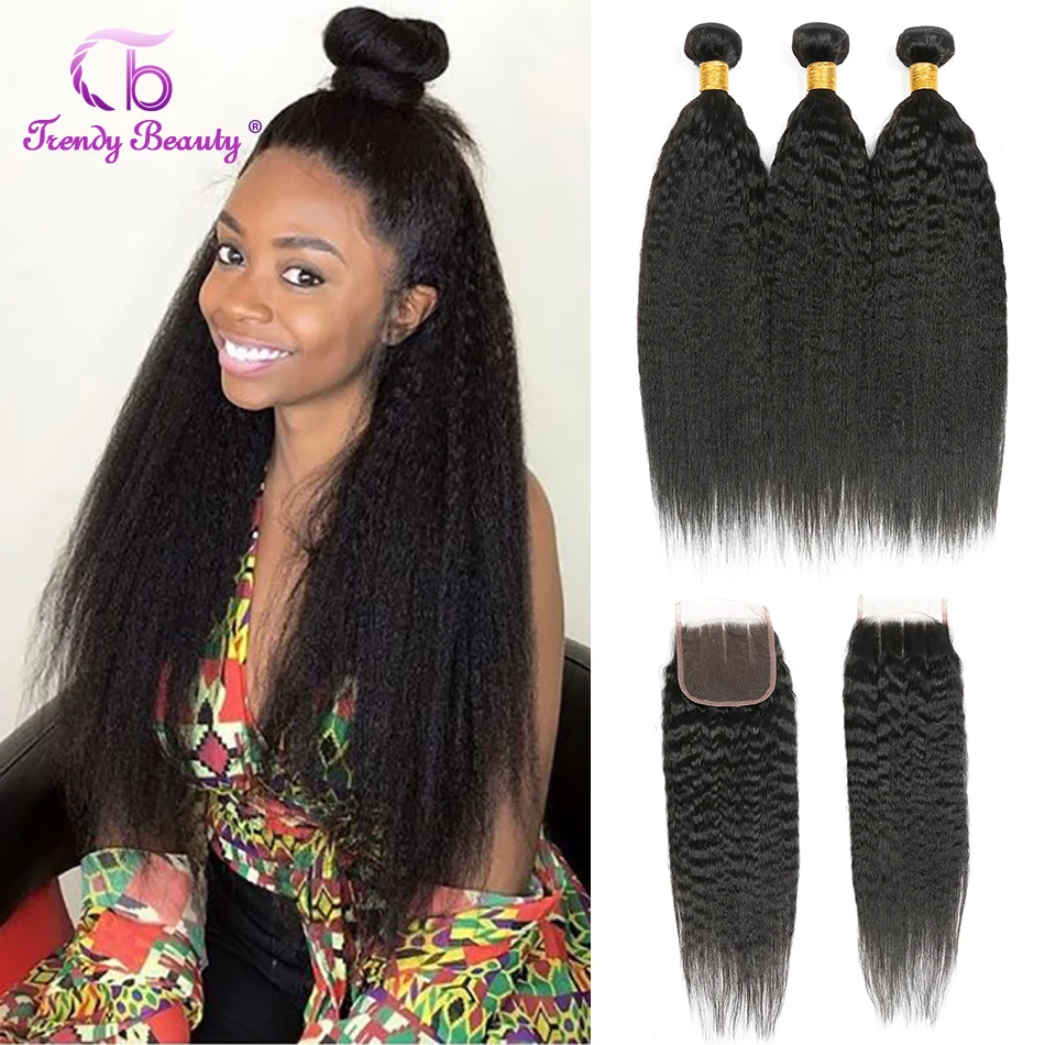 Brazilian Kinky Straight 3/4 Bundles With 4x4 Lace Closure Kinky Straight Bundles Human Hair Bundles With Closure Trendy Beauty