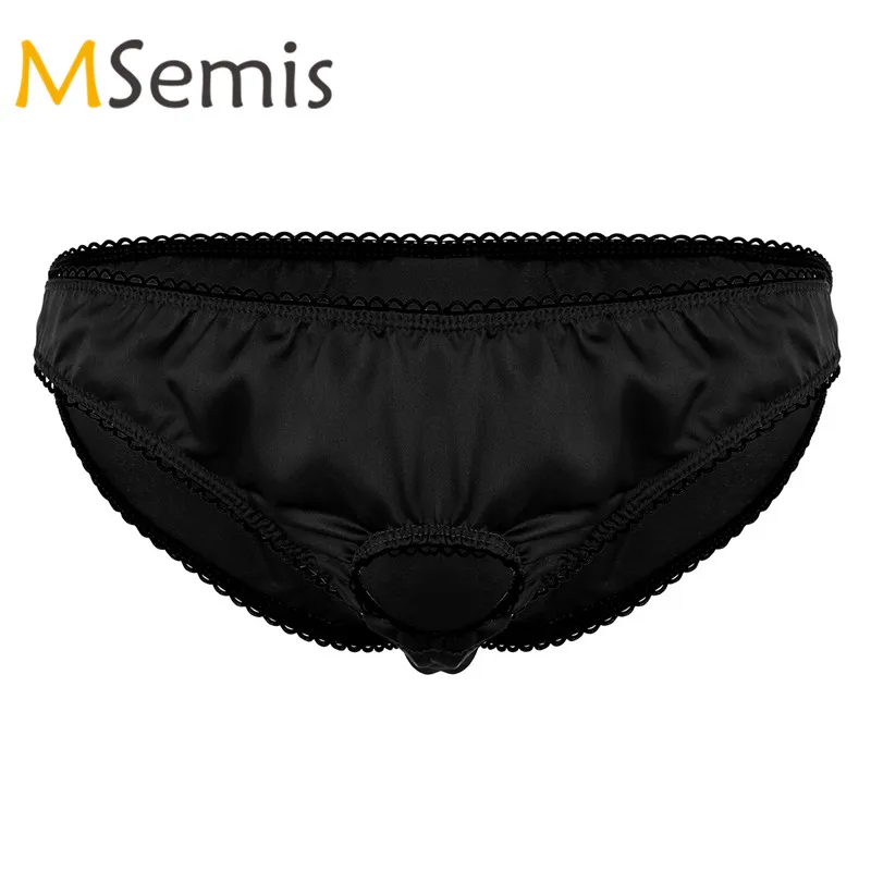 Mens Satin Underwear Sissy Panties with Penis Hole Lingerie Open Front Sexy Underwear Soft Satin Low Rise Sissy Bikini Briefs