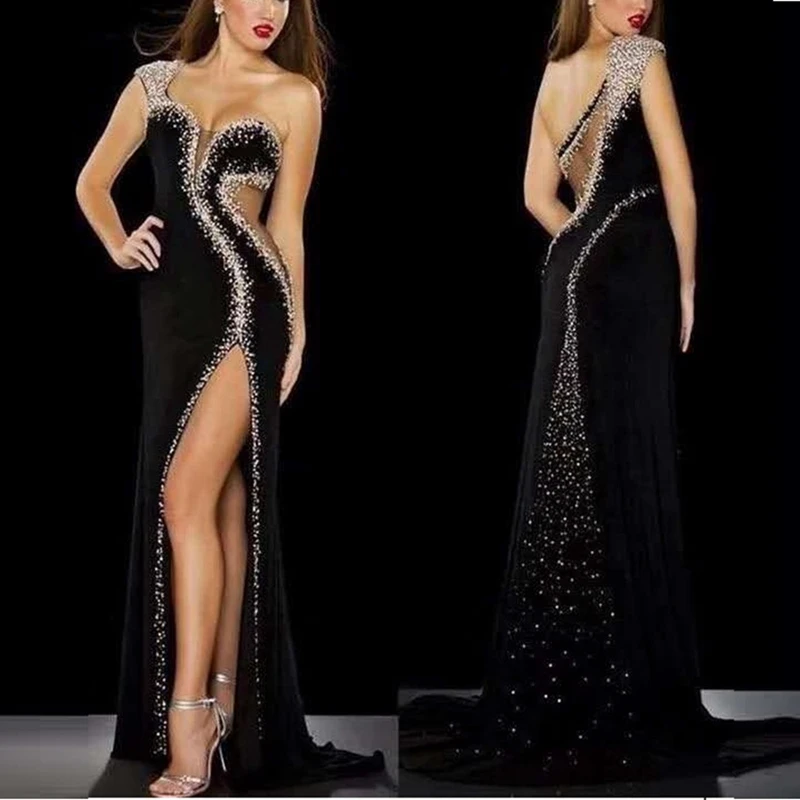 

2021 New Velvet Black One Shoulder Beading Women Dress Sexy High Split Good Quality Sleeveless Diamonds Fashion Celebrity Party