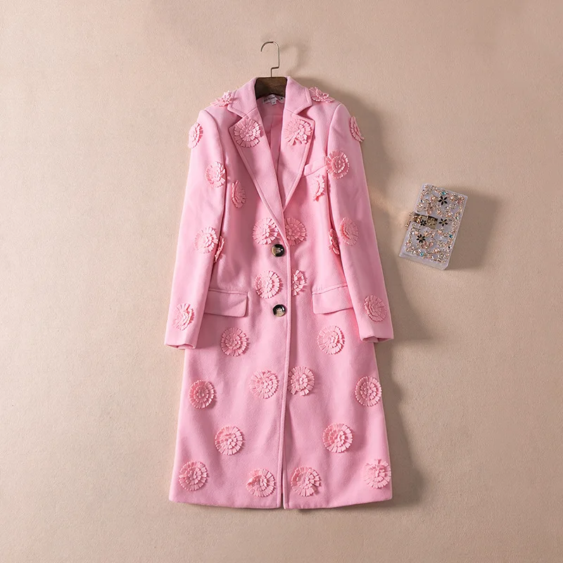 Women Wool Coat 3D Flowers Appliques Single Breasted Pink Long Trench Coat Winter Slim Elegant Casual Work Warm Woolen Coat