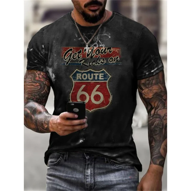 Summer New Mens T Shirts Oversized Loose Clothes Vintage Short Sleeve Fashion America Route 66 Letters Printed O Collared Tshirt 1688-P-0113