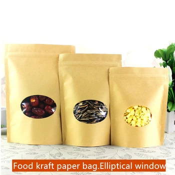 

50pcs/lot Zipper/zip lock Kraft paper bag with Elliptical window PE inside kraft bag ,biscuit Food kraft paper bag,Gift Bags