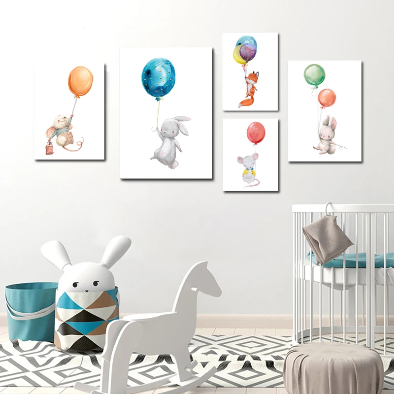 Скандинавский цветной мультяшный мышь Ежик воздушный шар животное кролик Холст