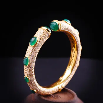 

Atmospheric National Style Hand Jewelry S925 Sterling Silver Women's Green Chalcedony Enamel Bracelet
