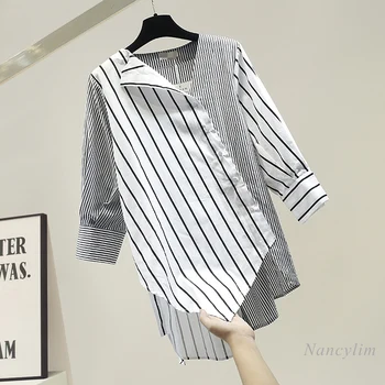 

Women's Large and Small Striped Stitching Irregular Long Shirt Women 2020 New Design Three Quarter Sleeve Blouse Bluasa