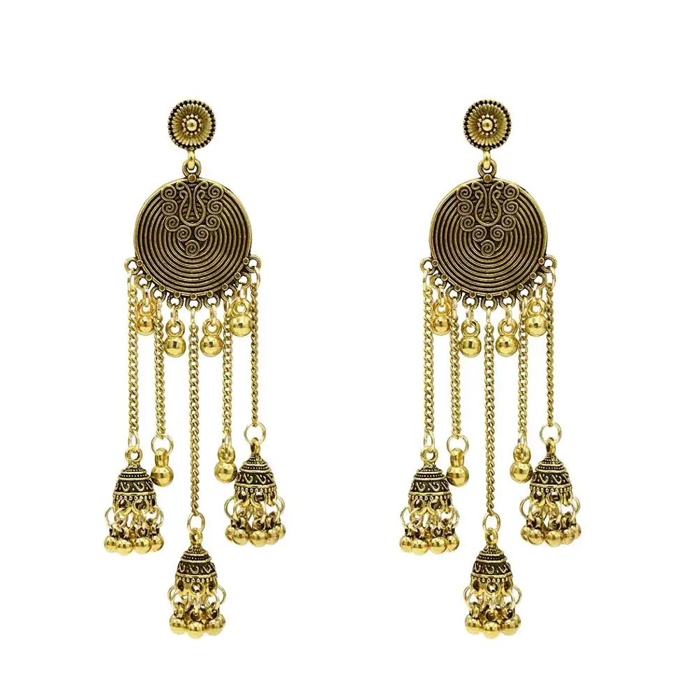 E-5307-G Для женщин индийский окисленный Jhumka Jhumki индийские серьги золотого и серебряного цвета, на крючках с длинной бахромой серьги женские массивные уши афганских ювелирные изделия - Окраска металла: E-5307-G