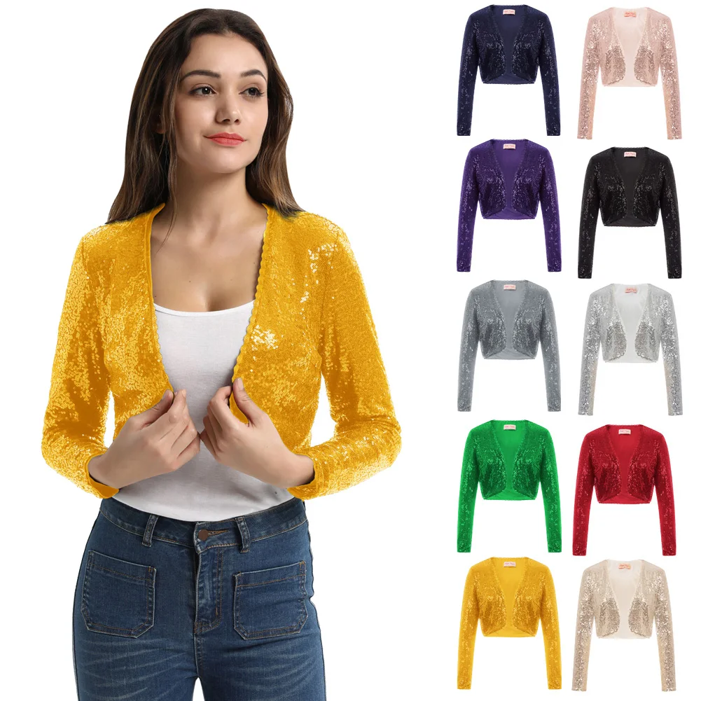 Belle Poque Women's Jacket Clothes Shining Sequined Long Sleeve Cropped Length Open Front Bolero Shrug New Spring Autumn Tops