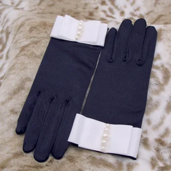 

1pair Short Beads Bride Gloves Black Bow Women Gloves Summer Girl Mitten Ceremonial Gloves Wedding Party Gloves KYY9073