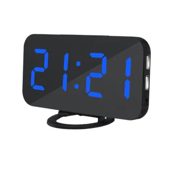 

NEW-Digital LED Display Alarm Clock with USB Port Mirrored Electronic Snooze Alarm Clock, Black and Green Letters