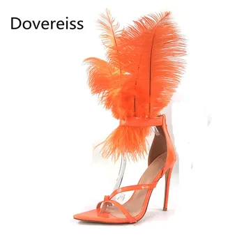 

Dovereiss Fashion Women's Shoes summer new Elegant Pure color orange Mature feather Narrow band Sandals big size 43