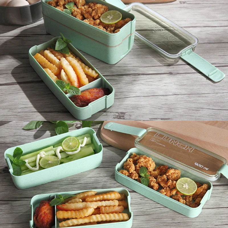 Bento Box зеленый бежевый контейнер для еды Пшеничная солома 3 слоя 900 мл 1 шт. экологичный Ланч-бокс розовый