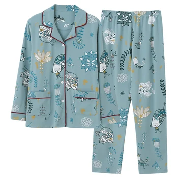 

2020 Autumn Carp Printed Female Sleepwear Cotton Women's Pajama Plus Size Two-piece Set Brief Fashion Long Sleeve Home Clothes