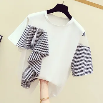 

Lattice Ruffles Women's T Shirts Short Sleeve Wild Cotton Fashion T-shirt Female 2020 Summer New Fashion Casual Tops