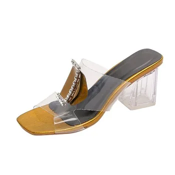 

2020 new Clear Summer Sandals Women Shoes Woman Mules Metal Buckle Slides Peep Toe Transparent Square High Heels Female Shoes