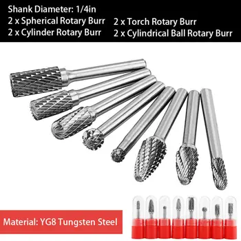 

8pcs Rotary Burr 1/4" Shank Double Cut Carbide Rotary Burr Die Grinder Grinding Bit Tool Set Practical Accessories