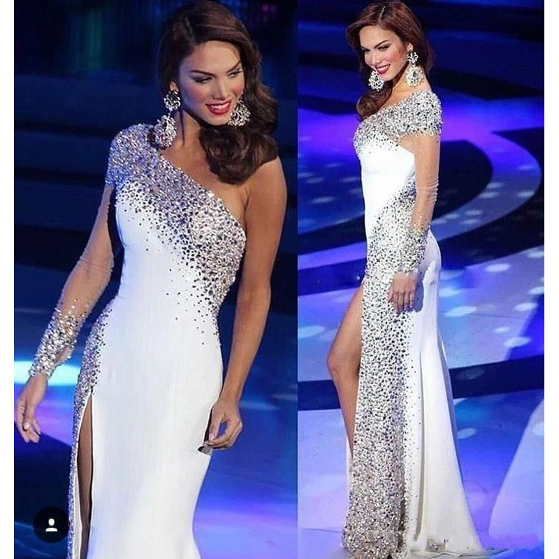 Vestido de festa longo, на одно плечо, с бисером, до бедра, с высокими разрезами, сверкающее белое вечернее платье, на заказ, вечерние платья, торжественное платье