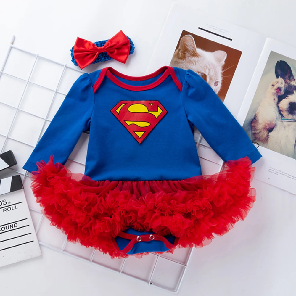 Новые синие комплекты одежды с длинными рукавами для маленьких девочек, кружевной комбинезон с пачкой, платье, костюм-комбинезон+ повязка на голову, комплект из 2 предметов, Bebes, костюмы Супермена для первого дня рождения, От 0 до 2 лет