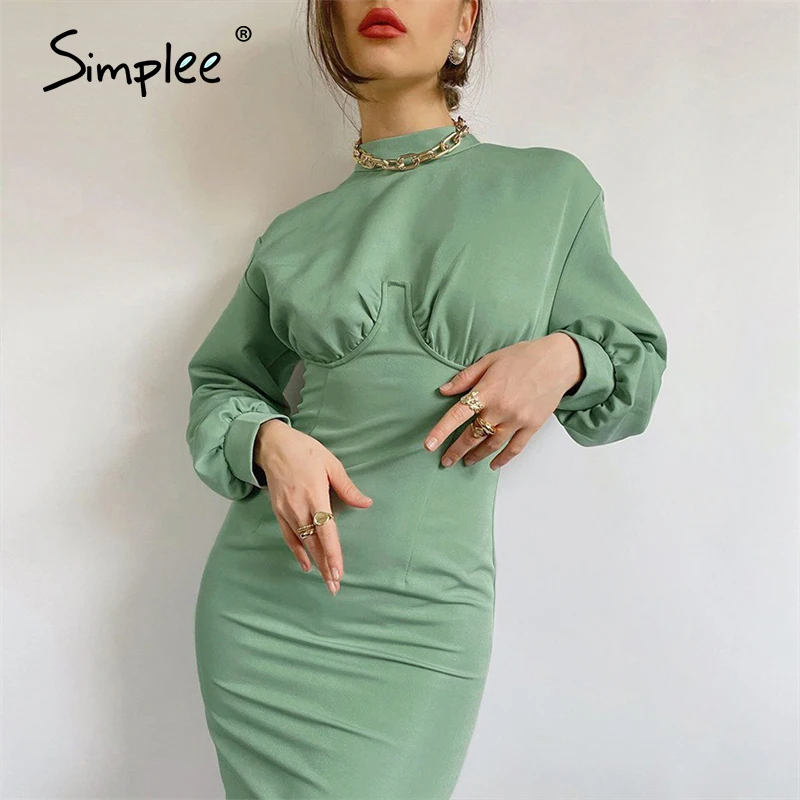 Simplee Palace style winter womens dress Elegant long sleeve high collar dress Retro High Waist casual womens dress 2020 new