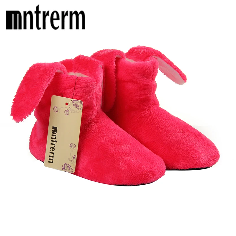 Mntrerm-zapatos de algodón para niños, Zapatillas de casa para niños y niñas, bonitas orejas de peluche de conejo, zapatillas calientes de interior gruesas
