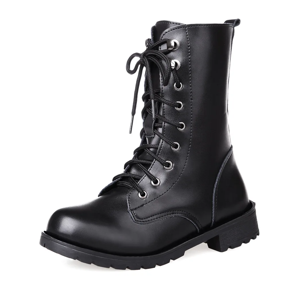 

Ankle Round Toe Med Motorcycle Boots Women Solid Fashion Lace Up Boots Casual Punk Ladies Shoes