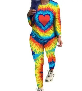 

New fashion round neck multicolor print long sleeve two-piece suit