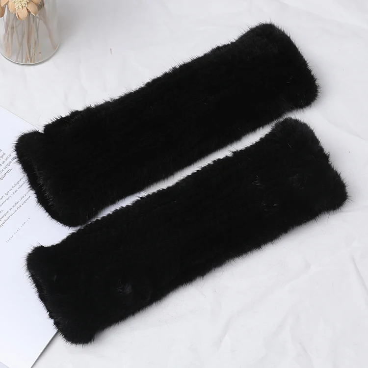 30cm length Женские меховые без пальцев перчатки из натуральной норки, варежки, натуральный мех, черные вязаные рукавицы ручной работы, эластичные теплые женские зимние перчатки - Цвет: 30cm length