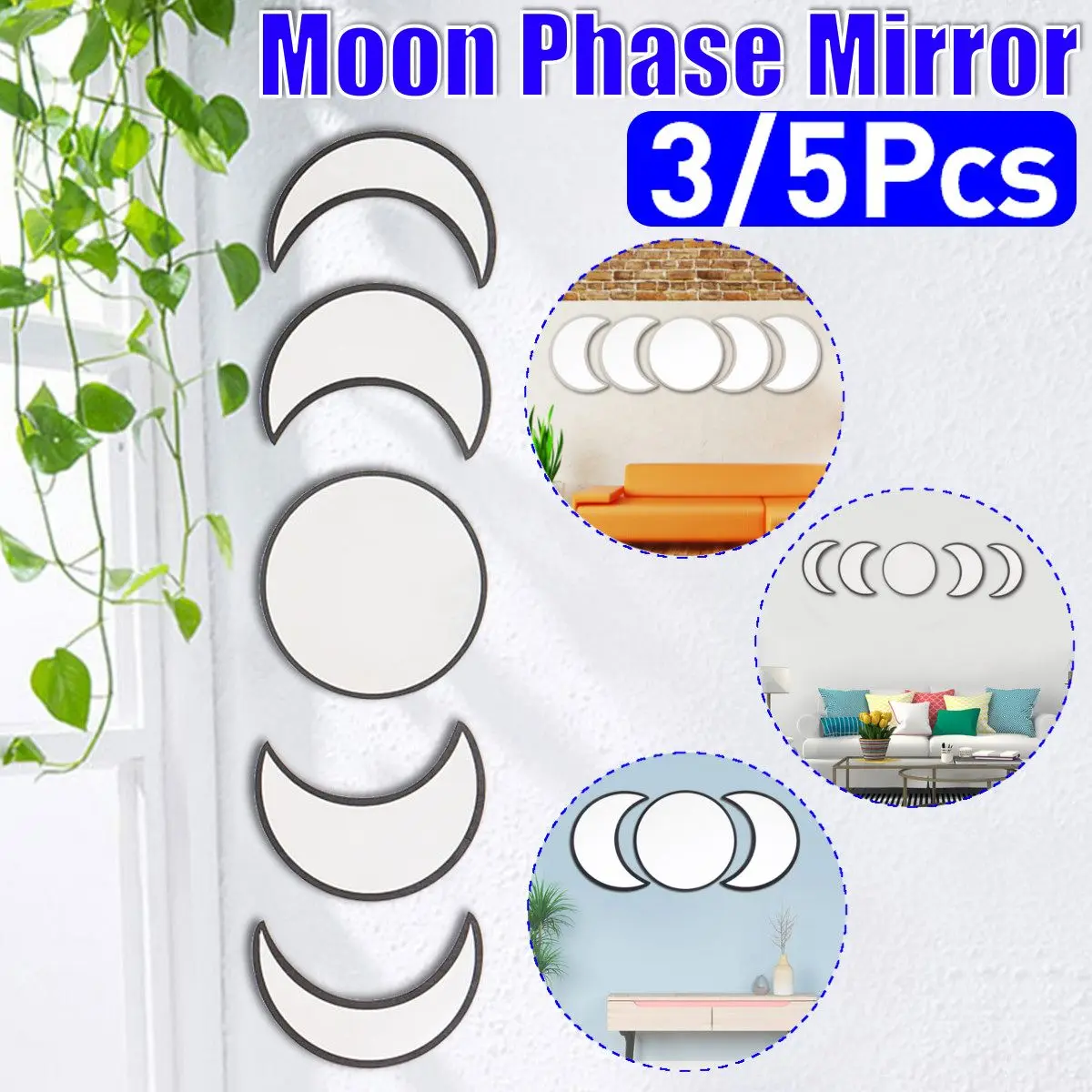 Nordic Style Wooden Moonphase Mirror Set Bohemian Decoration Moon Phase