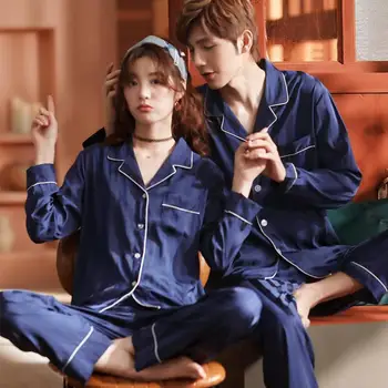 

Shirt&Pants Intimate Lingerie 2PCS Sleepwear Pajamas Suit Lovers Satin Sleep Set Casual Striped Pijamas Home Clothes Nightwear