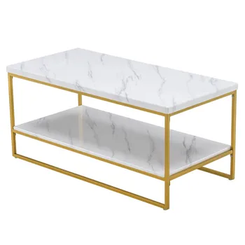 

Modern Double-layer Coffee Table Tea Storage Table Marble PVC Metal Rectangular Living-room Sofaside Furniture 106 x 50 x 48cm