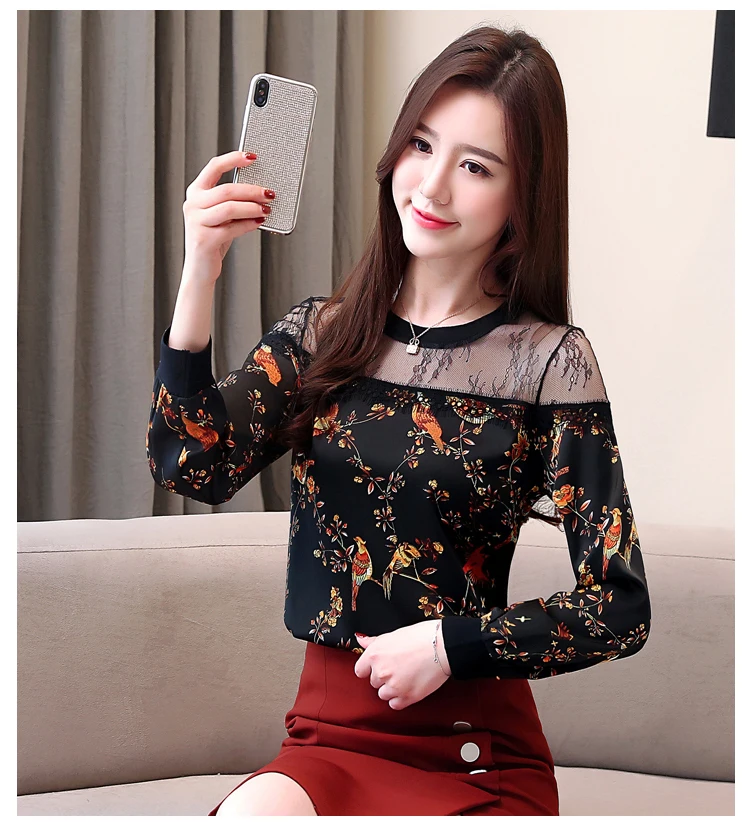 Женские топы и блузки blusas mujer de moda шифоновая кружевная рубашка с длинным рукавом и круглым вырезом Женская одежда женские рубашки 5953 50