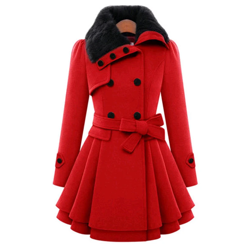 Верхняя одежда, зимнее женское тонкое пальто, ветровка, пальто с поясом, теплый меховой воротник, длинное однотонное теплое ретро элегантное женское пальто