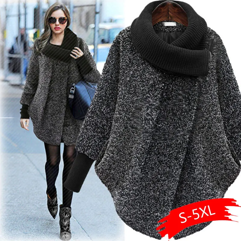 Plus Size Bat Sleeved Woolen Coat Scarf Collar Jackets Women Winter Fashion Outerwear Thicker Loose Coat Zipper Casual
