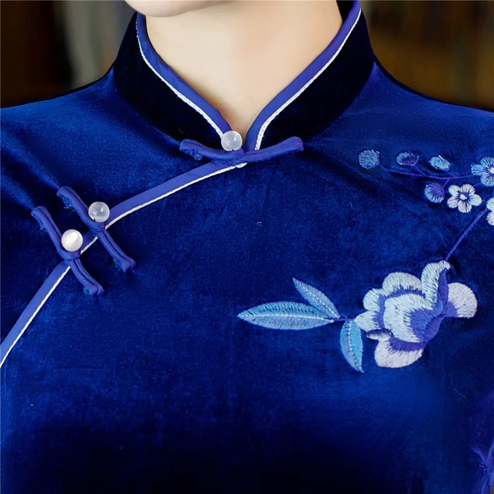 Shanghai Story/Новое поступление 3/4, длинное платье Qipao с рукавами бархатное китайское платье с разрезами по бокам и воротником-стойкой, с цветочной вышивкой, китайское женское платье 3 цвета