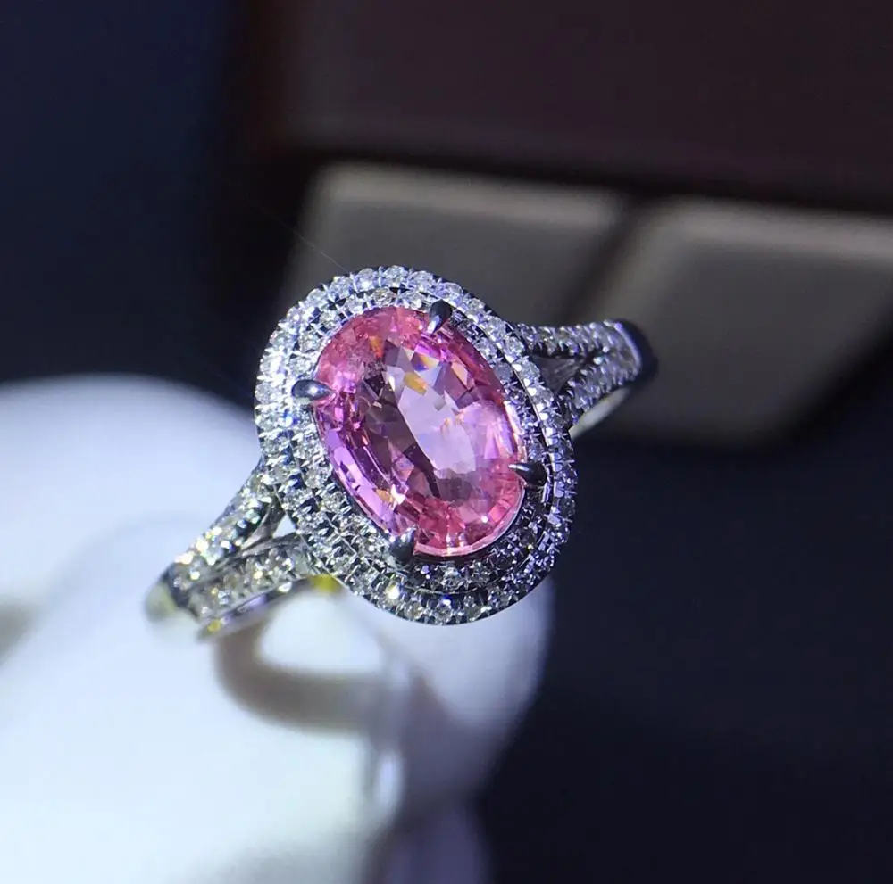 Кольцо с розовым сапфиром Real Pure 18 K натуральный розовый padпараdscha драгоценные камни-сапфиры 1.06ct бриллианты камень женское кольцо