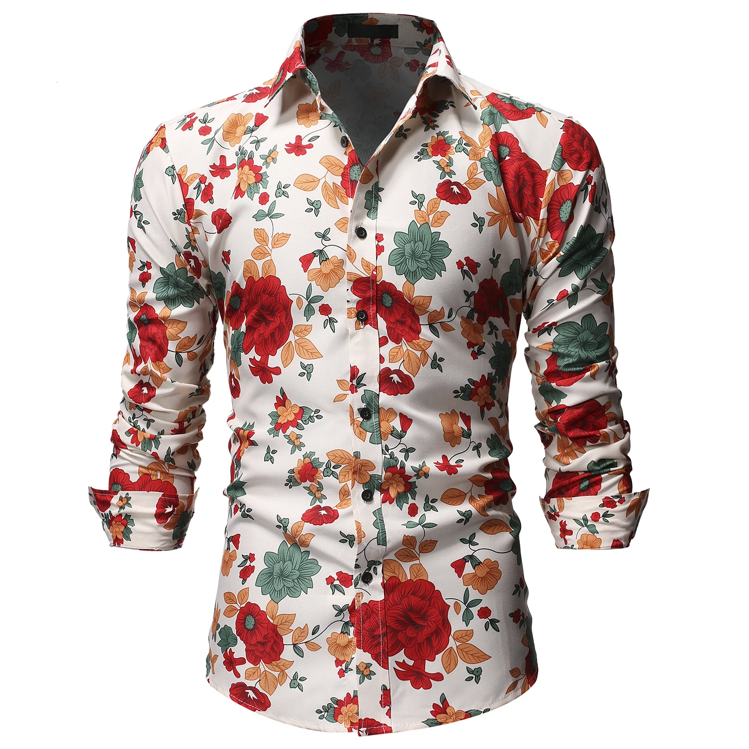 Men Casual Shirts Fashion Long Sleeve Brand Flower Printed Button-Up Formal Business Hawaii Floral Shirt |