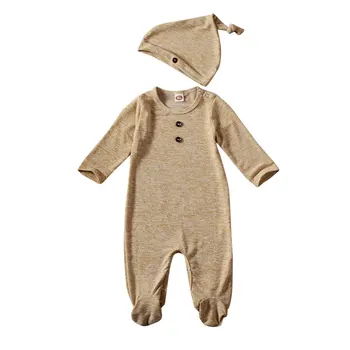 

0-12M Newborn Baby Boy Girl Long Sleeve Cotton Romper Jumpsuit Hat 2PCS Baby Clothes