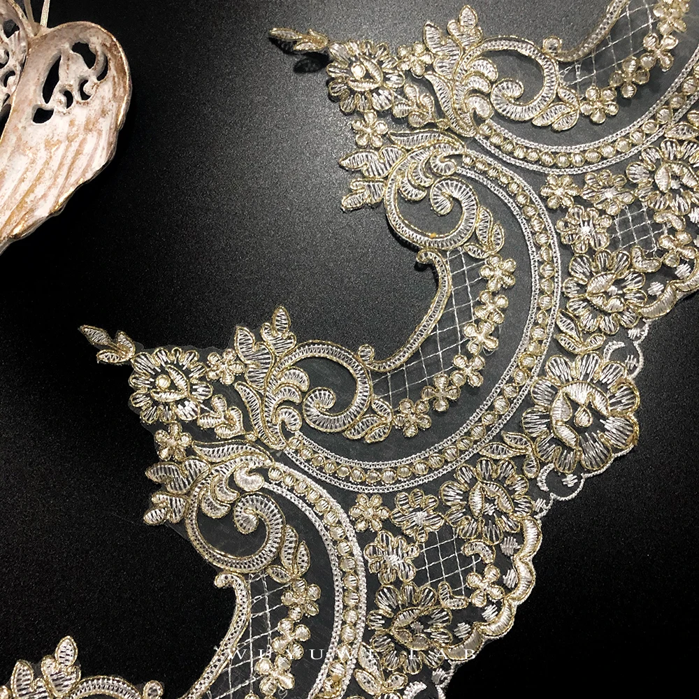 1Yard Gold Cording Fabric Flower Venise Venice Mesh Lace Trim Applique Sewing Craft For Bride Wedding Dresses 22cm
