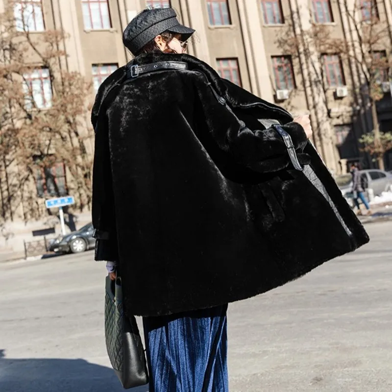 Winter Women Loose Fit Real Fur Coat Elegant Luxury Turtleneck Warm Overcoat Streetwear Zipper Wool Outerwear Plus Size