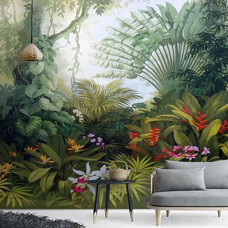 Papel de Parede Mural Estilo Europeu Retro Tropical Rain Forest Plant Scenery Foto Pintura da Parede Sala de Murais Personalizado