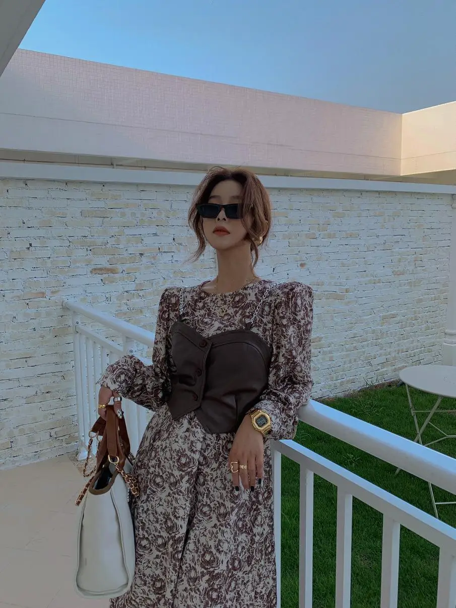 

Spring Autumn Women's Faux Leather Vest Jacket + Floral Dress Set