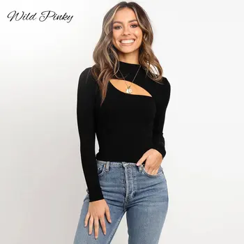 

WildPinky Casual Knitted Sweater T Shirt Women 2020 Autumn Winter Ribbed Turtleneck T-shirt Long Sleeve Sexy Cut Out T-shirt