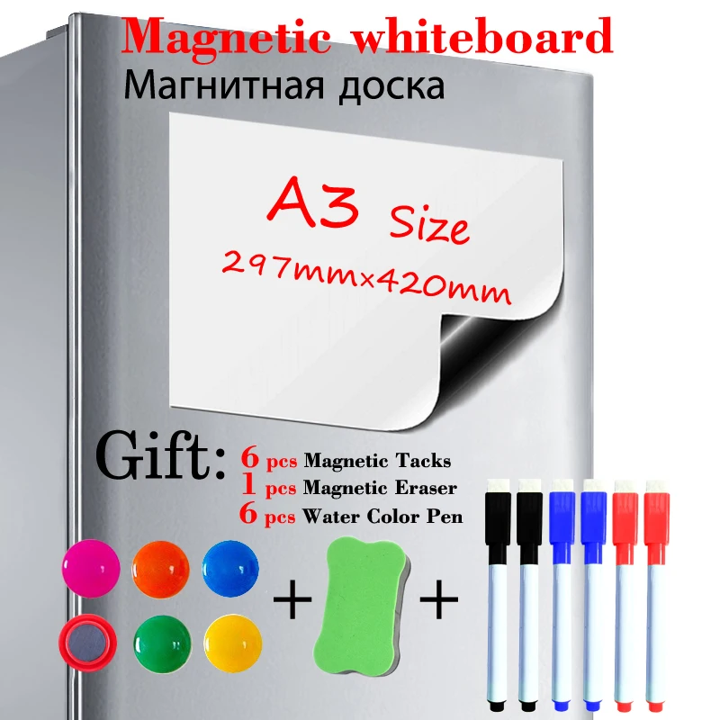 

A3 Size Soft Magnetic Whiteboard Fridge Sticker Dry Erase White Board Kitchen Office Message Board Gift 6 Pen 1 Eraser 6 Tacks