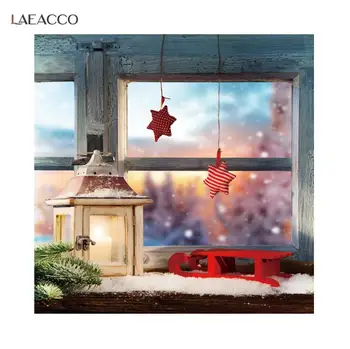 

Laeacco Winter Christmas Photography Backdrop Window Snow Star Pine Tree Candle Photography Background For Photostudio Photozone