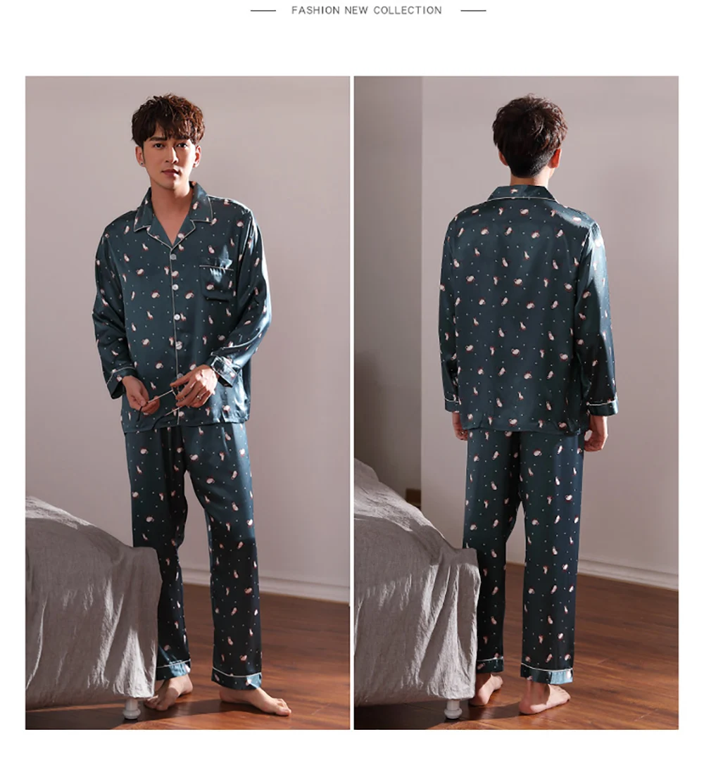 mens cotton pajama pants Spring Ice Silk Thin Pajama Sets Men Summer Pajama Male Print Sleep Tops+Elastic Waist Trousers Loose Soft Pijama Sleepwear Sets checkered pajama pants