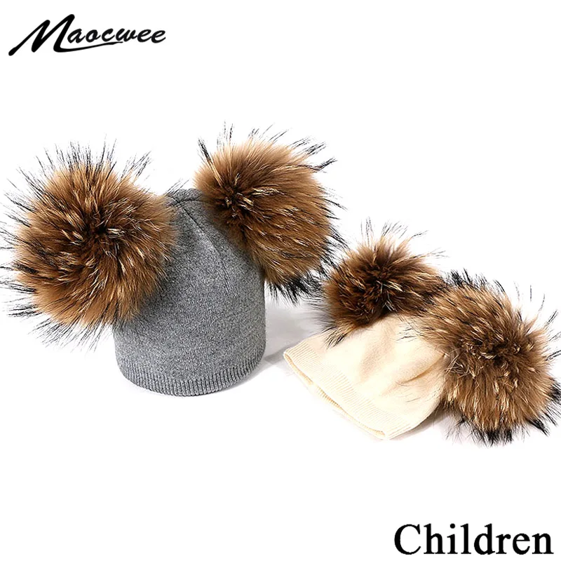 Зимние Детские шапки для девочек и мальчиков с двойным помпоном из натурального меха Детские кепки детские толстые теплые вязаные шапочки уличные ветрозащитные шляпы